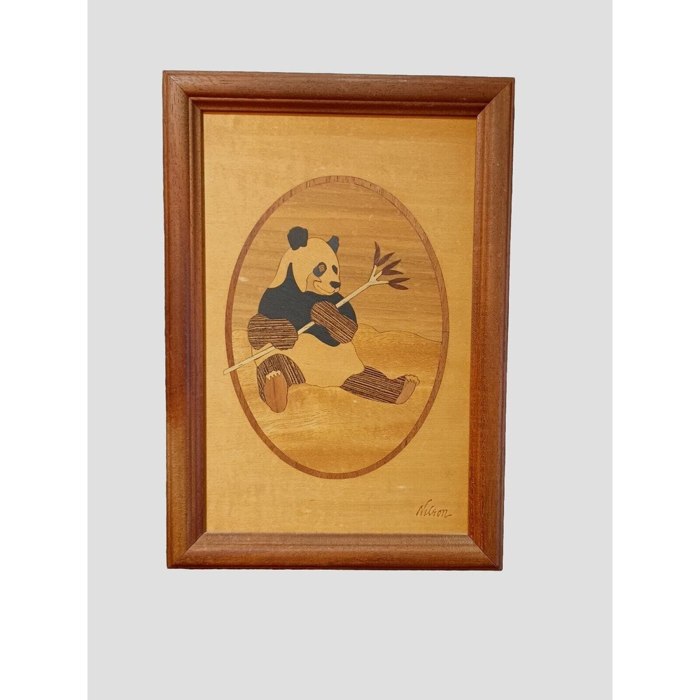 7” x 10” PANDA FROM HUDSON RIVER INLAY, WALL ART–9 KINDS OF WOOD, SIGNED NELSON